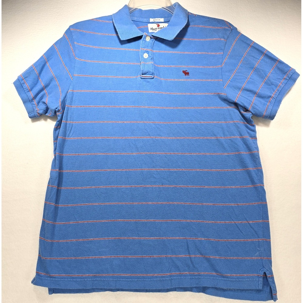 Abercrombie & Fitch Mens XL Muscle Fit Polo Shirt Blue Red Striped Cotton Logo